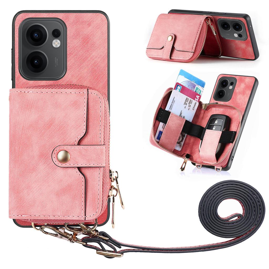 For Oppo Reno13 F 5G PU Leather Phone Back Cover with Zipper Card Holder and Long Strap