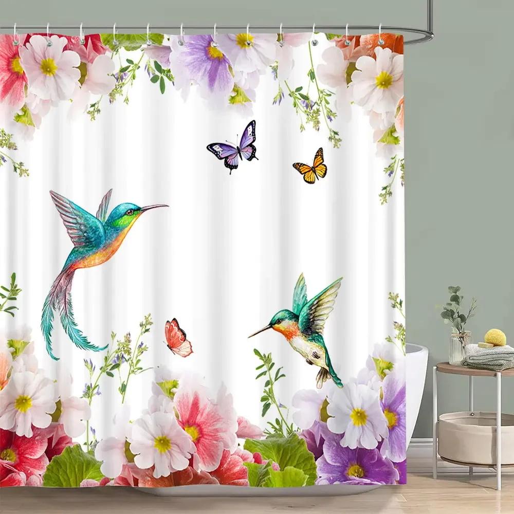 Hummingbird Floral Shower Curtain Butterfly Flower Plants Birds Watercolour Leaves Bath Curtains Home Bathroom Decor with Hooks