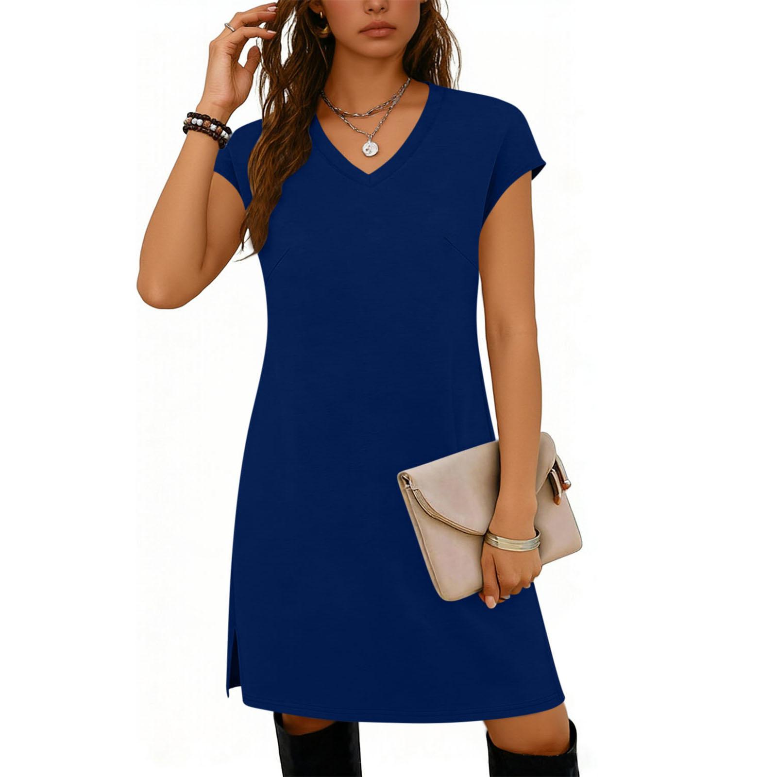 

Fashionable Women s V-neck Hem Slit Color Casual Dress XL