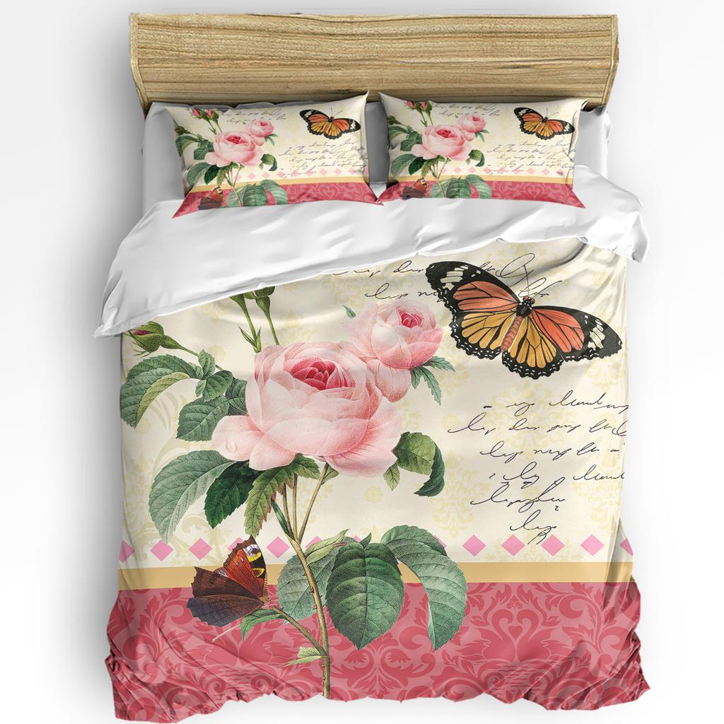 Blumen Blätter Vintage 3-teiliges Bettwäscheset für Doppelbett Heimtextil Bettbezug Steppdeckenbezug Kissenbezug