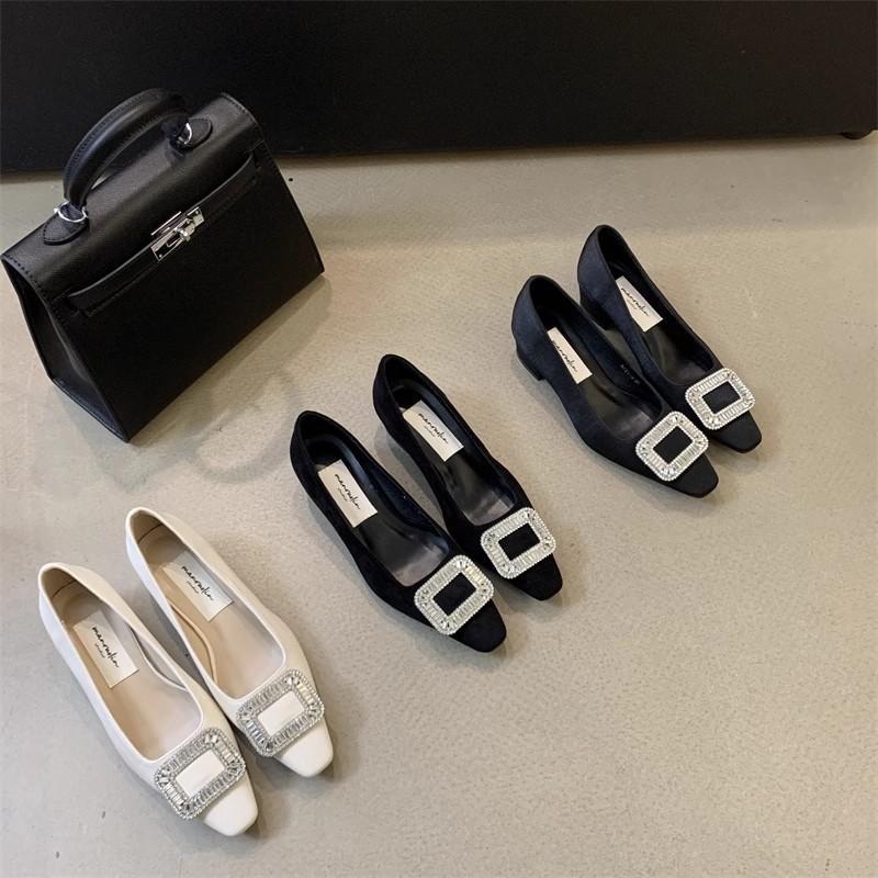 French Thick Heel Square Buckle Rhinestone Single Shoes Women's Shoes 2025 New Spring, Autumn and Winter Evening Temperament Black Commuter Shoes