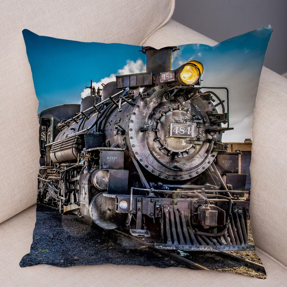 Pillowcase Vintage Style Steam Train Decor Retro Colorful Car Cushion Cover