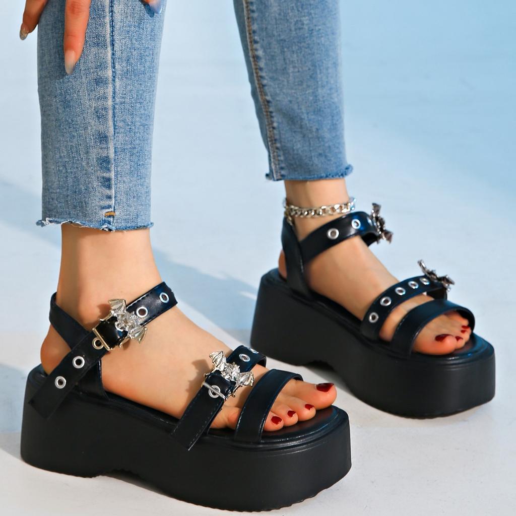 New Summer Women's Stunning Beauty Niche Open-toed Rivets Heightening Muffin Platform Sandals Women's Slope Heel Mary Jane Super