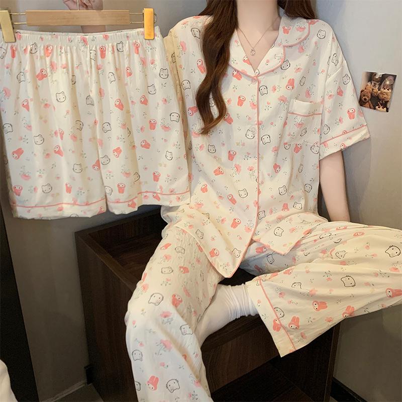 Women's Cloud Cotton Three-Piece Pajama Set - Spring/Summer Short-Sleeve Lapel Cardigan, Sweet Forest Girl Homewear Style