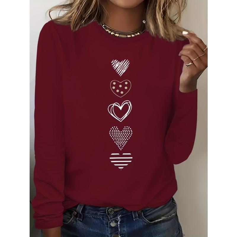 Ladies' Spring and Autumn Clothing Colorful heart Printed T-shirt Long Sleeve Round Neck Casual Top