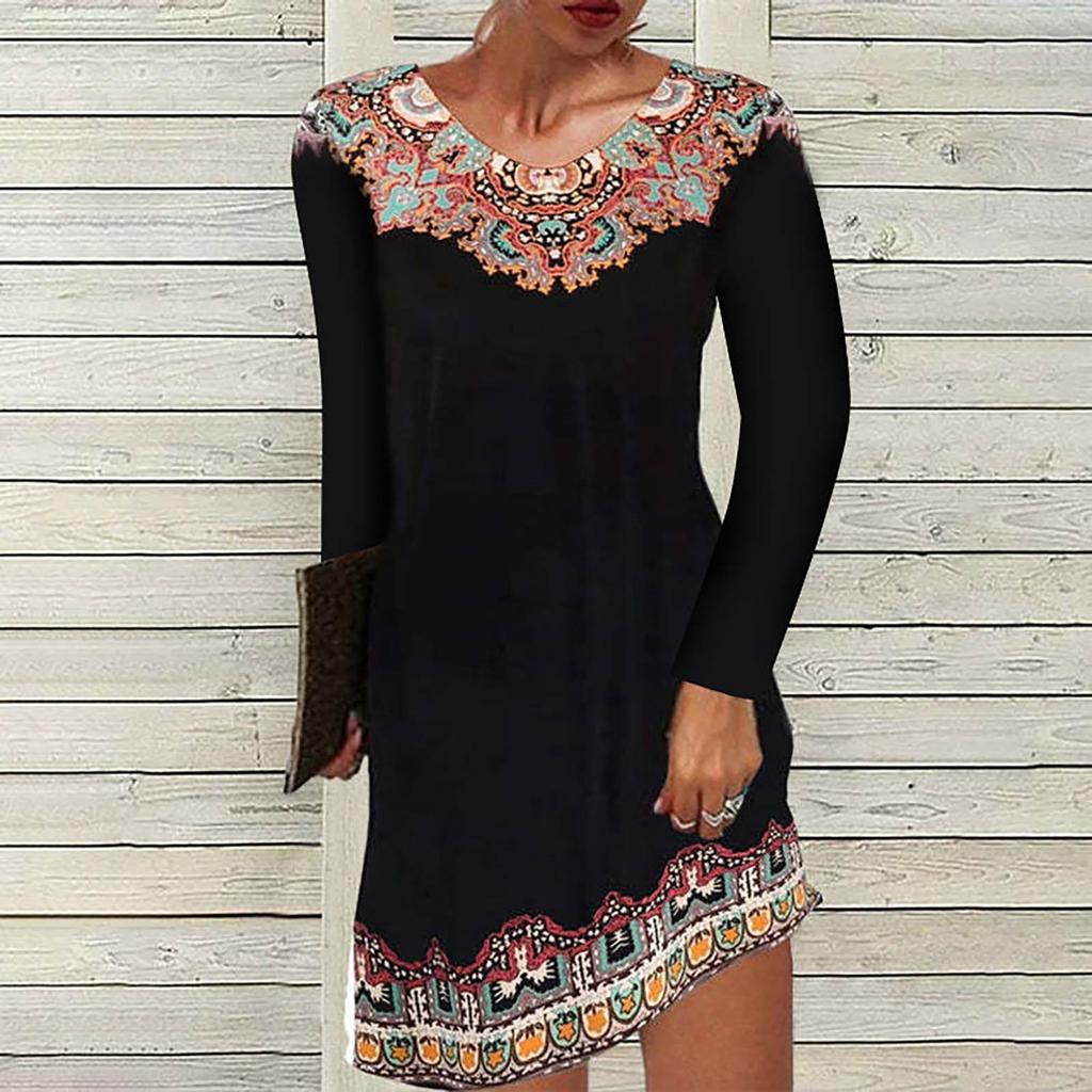 Robe décontractée confortable à manches longues et col rond pour femme, style ethnique, imprimé rétro