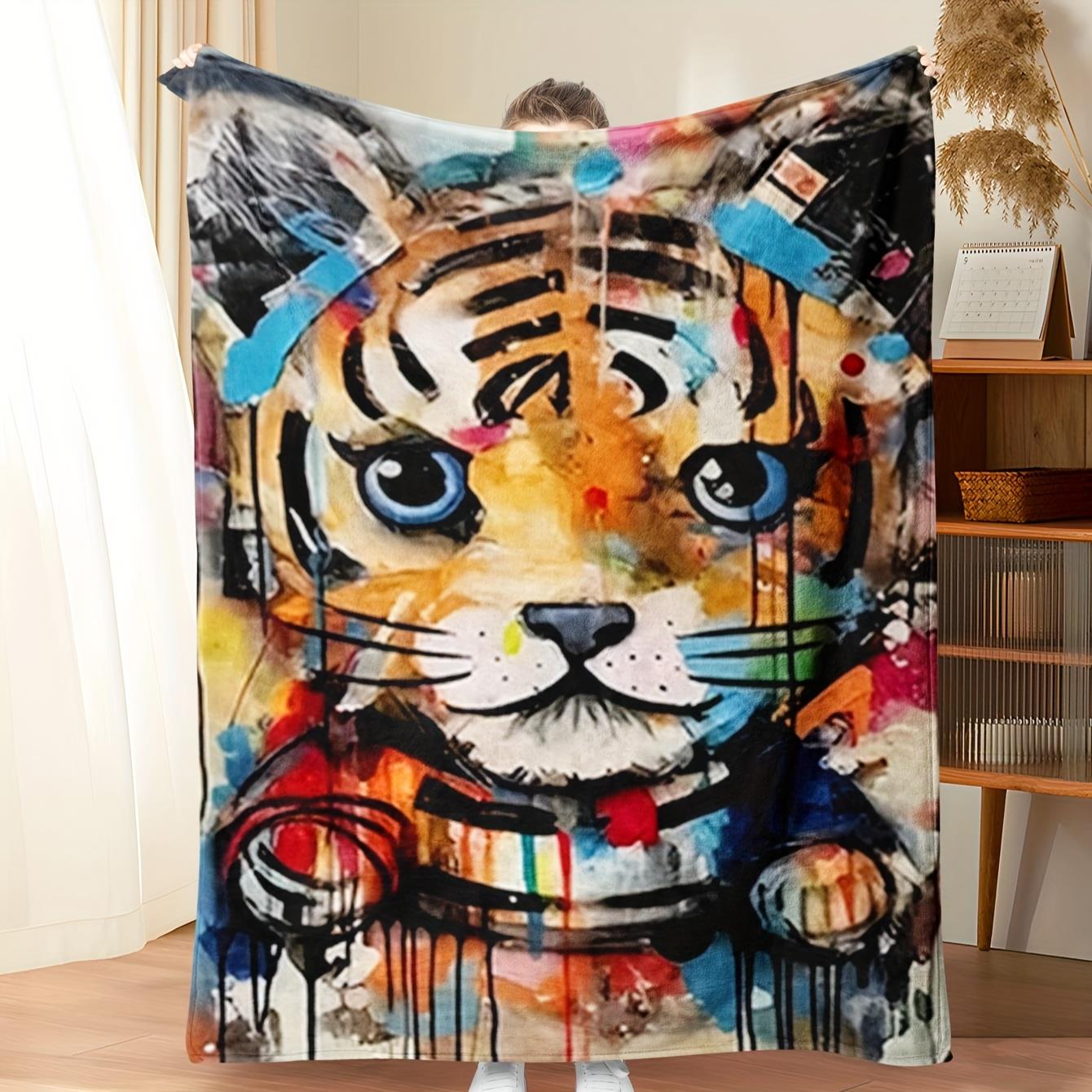 1pc Ultra-Soft Flannel Tiger Print Blanket - Vibrant 3D Digital Tiger Face Design, All-Season Cozy Throw for Bed, Sofa 130x150cm51x59in