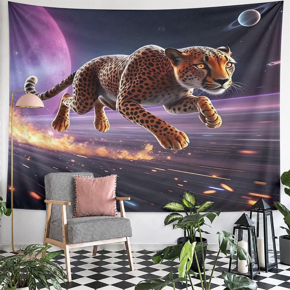"Leopard Running In Cosmic Space" Pattern Wall Hanging Tapestry Decorative Tapestry Home Decor for Bedroom and Living Room