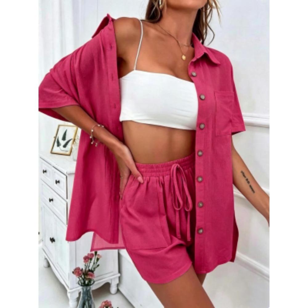 European American Outdoor Street Women's Shirt Shorts 2-piece Set Summer Women's Short Sleeved Shirt Shorts Home Vacation Casual Women's Set