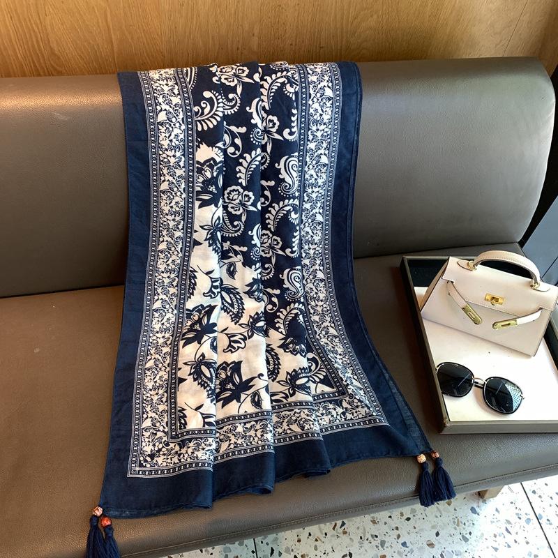 Yunnan Ethnic Style Cotton And Linen Feel Navy Blue Cashew Flower Scarf Shawl Air Conditioner Towel Sun Protection Towel Outer Scarf