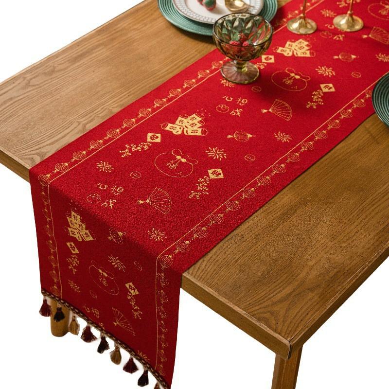 Red Chenille Table Runner Chinese New Decor Festive Long Tablecloth With Tassel Trim Living Room Dining