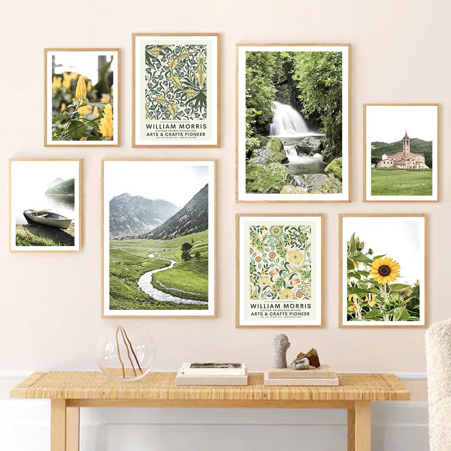 Green Tree Mountain River Boat Sunflower Wall Art Canvas Painting Nordic Posters And Prints Wall Pictures For Living Room Decor