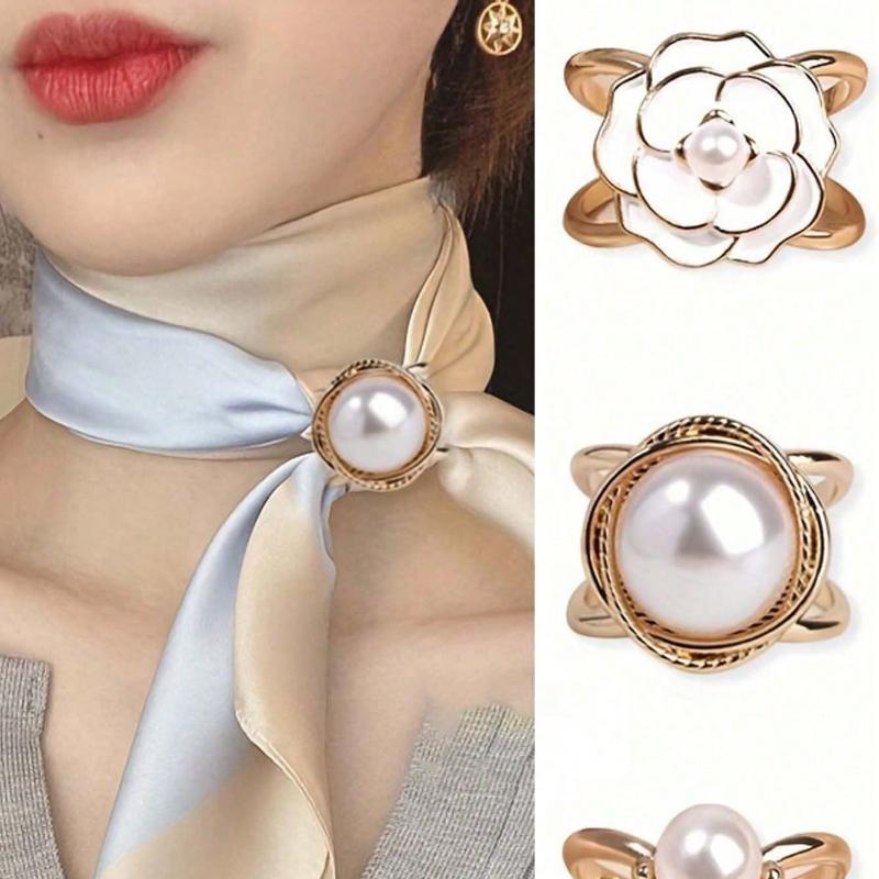 1PCS Ladies Fashion Gold Faux Pearl Silk Scarf Combination Buckle Corner Knot Ring Multi-Functional Scarf Fixed Buckle Women Brooch