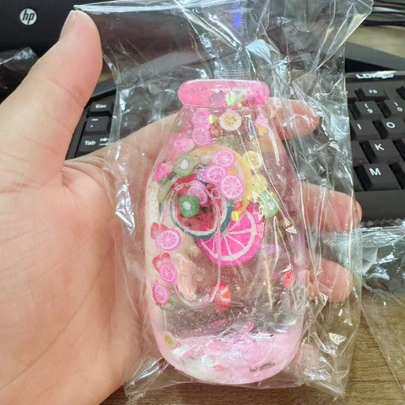 Fruit Hard Candy Glass Bottle Shaped Stress Ball Transparent Soft Squeeze Fidget Toy for Kids Adults Anxiety Relief Office Desk Use