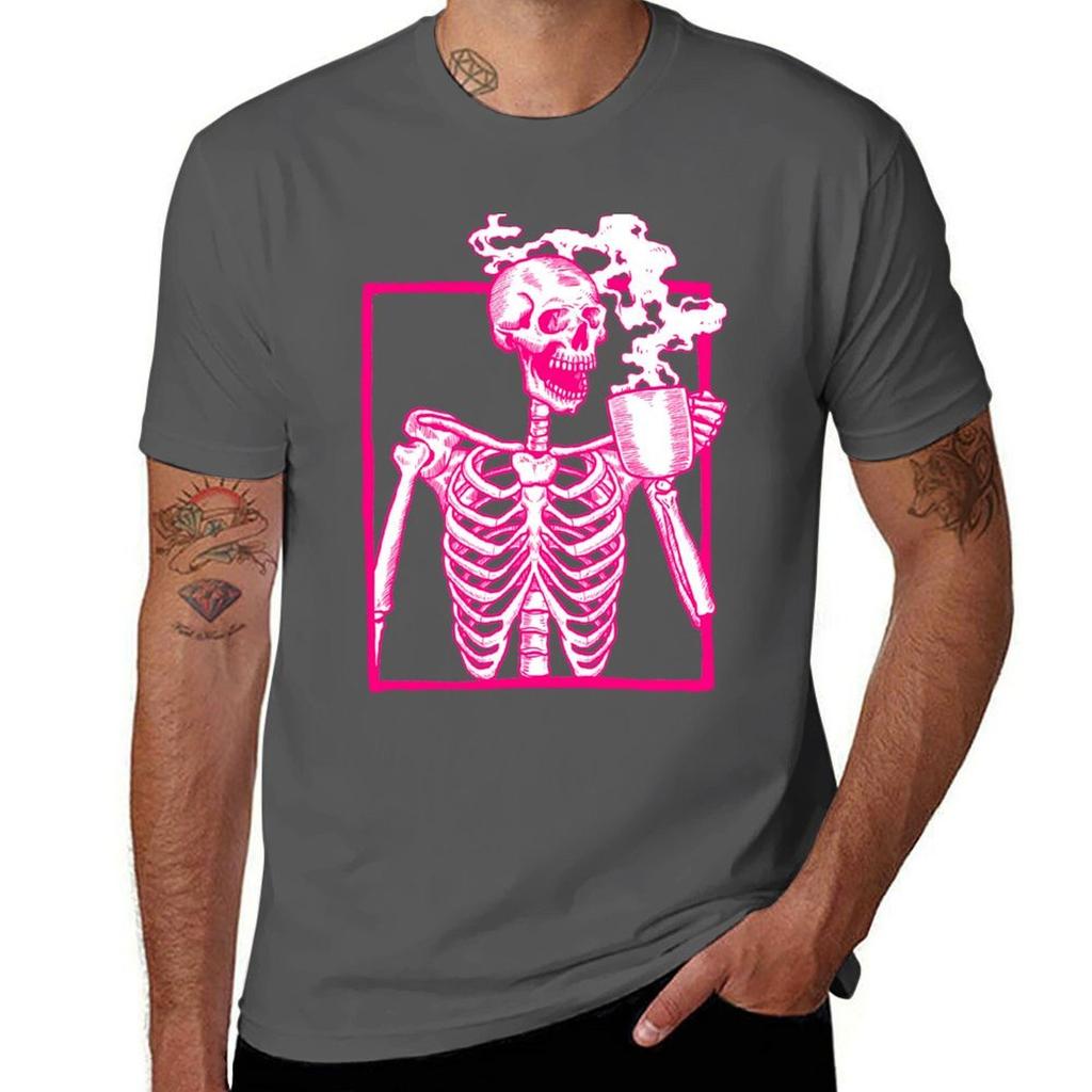 Halloween Skeleton Drinking Coffee Pink Tshirt Modern Style Print Tshirt