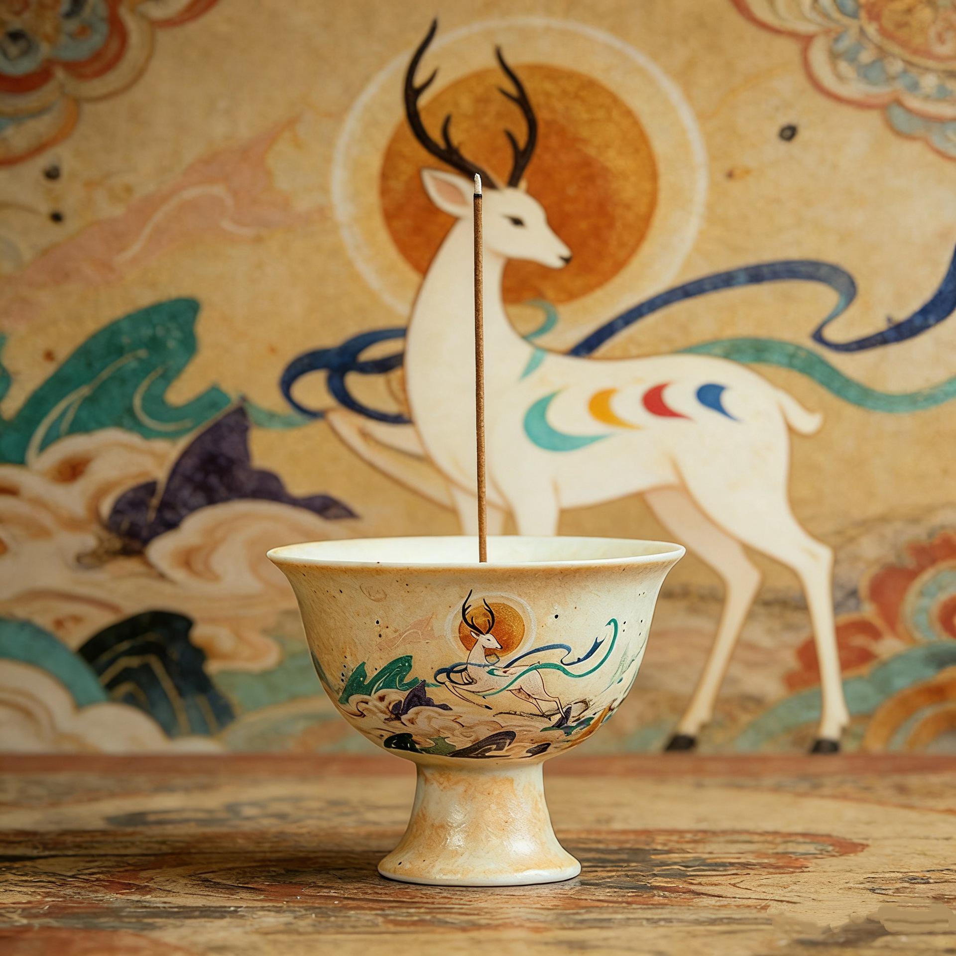 Nine-Colored Deer Tibetan Incense Burner: Dunhuang Stick Holder & Base, Chinese Style Tea Ceremony Ornament
