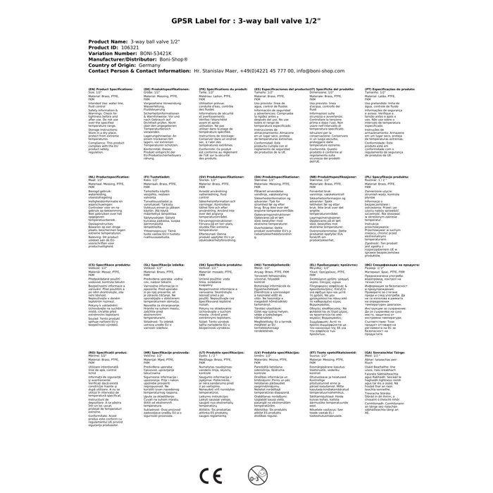 Vanne à bille 3 voies - BONI-SHOP® - 1/2" - Laiton nickelé - Étanchéité PTFE - Température -20°C à +120°C