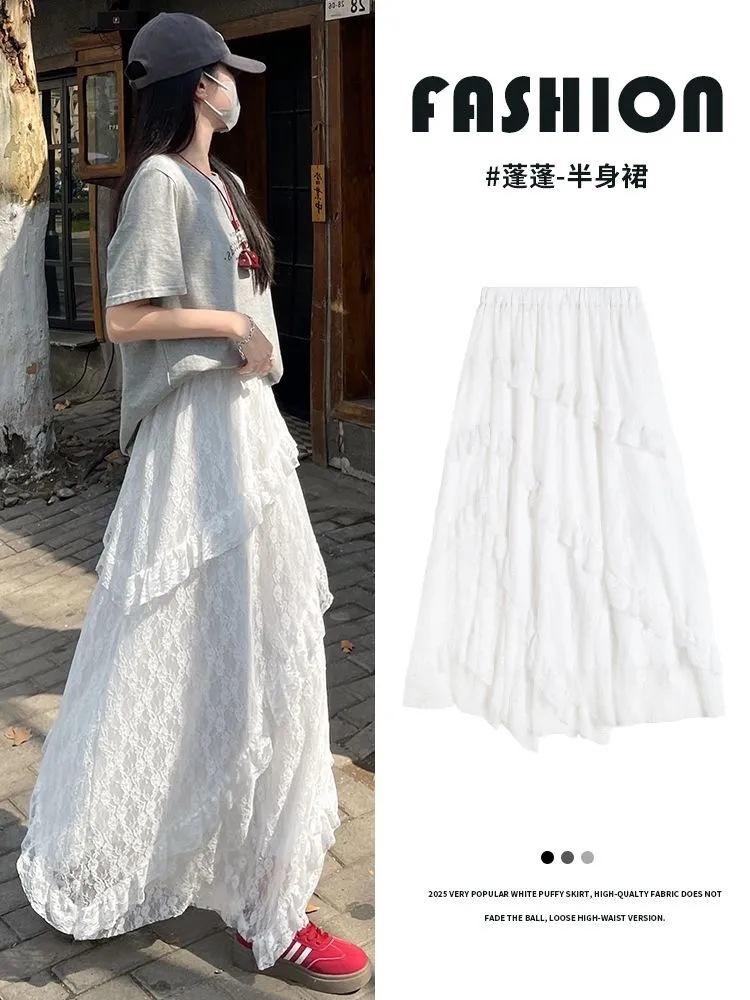 

Retro splicing twill white lace skirt for women, elastic waist and thin mesh a-word long skirt for women in early spring 3XL білий