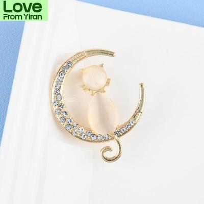 Rhinestone Opal Stone Moon Cat Brooch Pin For Women Cute Kitten Animal Crystal Corsage Brooches Clothes Accessories Gift