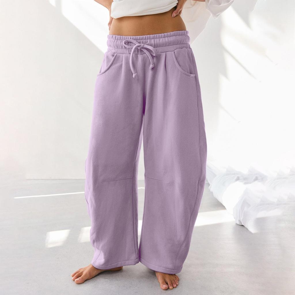 Women's Barrel Leg Sweatpant Drawstring Elastic Waisted Wide Leg Pants Casual Cotton Palazzo Trousers With Pockets