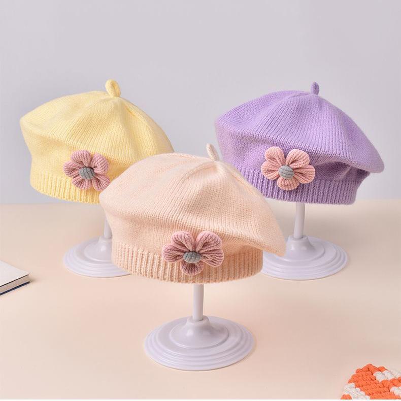 Baby Girls Autumn Winter Hat Cute Flower Beret Toddler Knitted Artist Hat Kids Woolen Cap For Newborn 6-12 Months Home Outdoor
