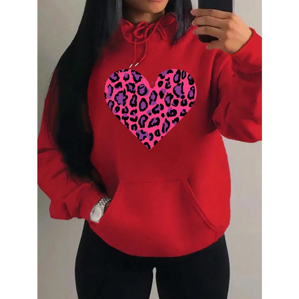 Pink Leopard Print Heart Printing Hoody Women Fashion Oversized Hoodie Pullover Autumn Fleece Clothes