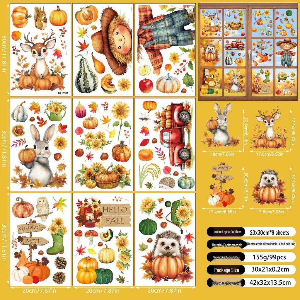 Thanksgiving Autumn Leaves & Pumpkins Window Clings - Cartoon Squirrel Decorations