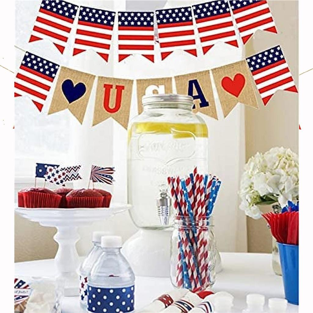 Banner Patriotic Decorations Red Blue White USA American Flag Jute Flag Banner For Independence Day Labor Day Military Events USA