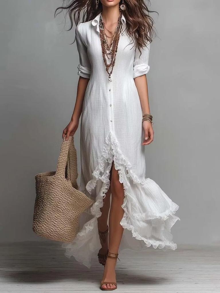 Cross-border new French lazy cotton and linen shirt ruffle edge commuting temperament loose large size split dress