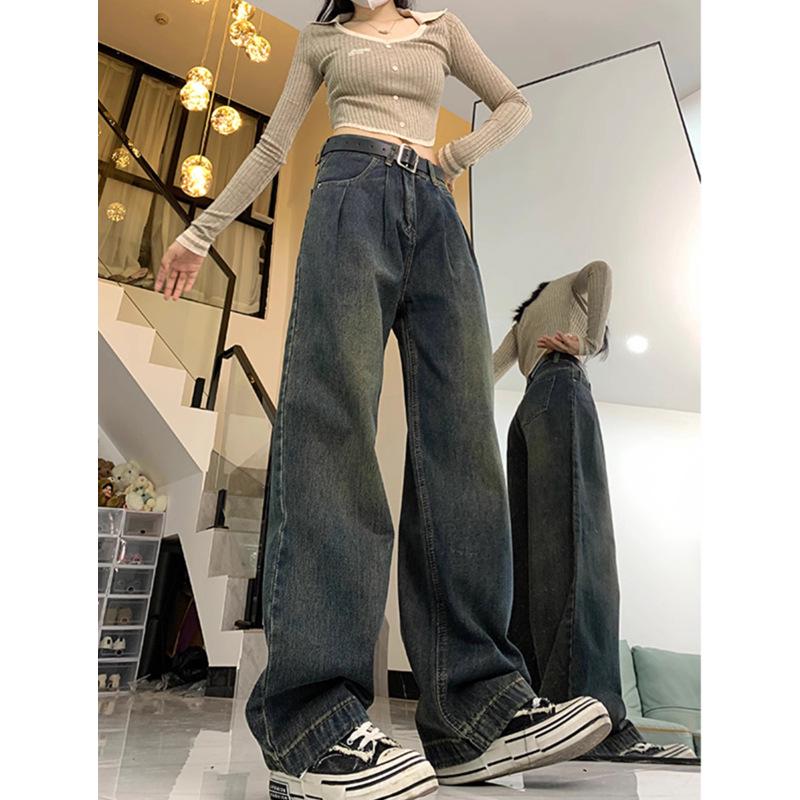 Women's Plus Size High Waist Fleece-Lined Grey Jeans, Autumn/Winter, Thick, Loose, Slimming, Straight Wide Leg.