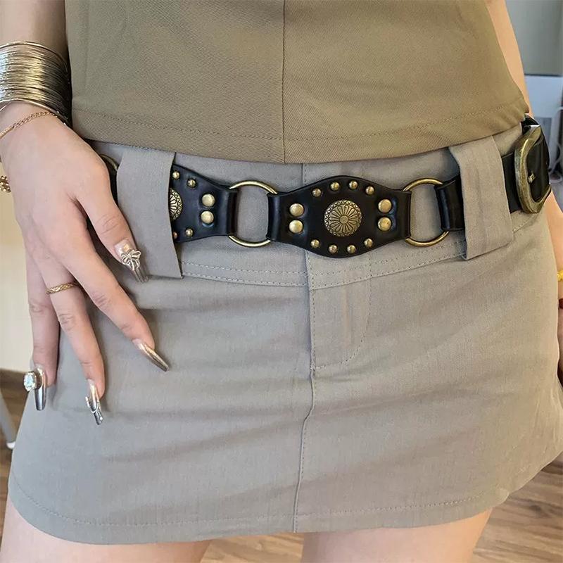 American Retro Rivet Metal Buckle Belt Women'S Spliced Belt Millennial Spicy Girl Y2K Design Sense Strap Waist Rope