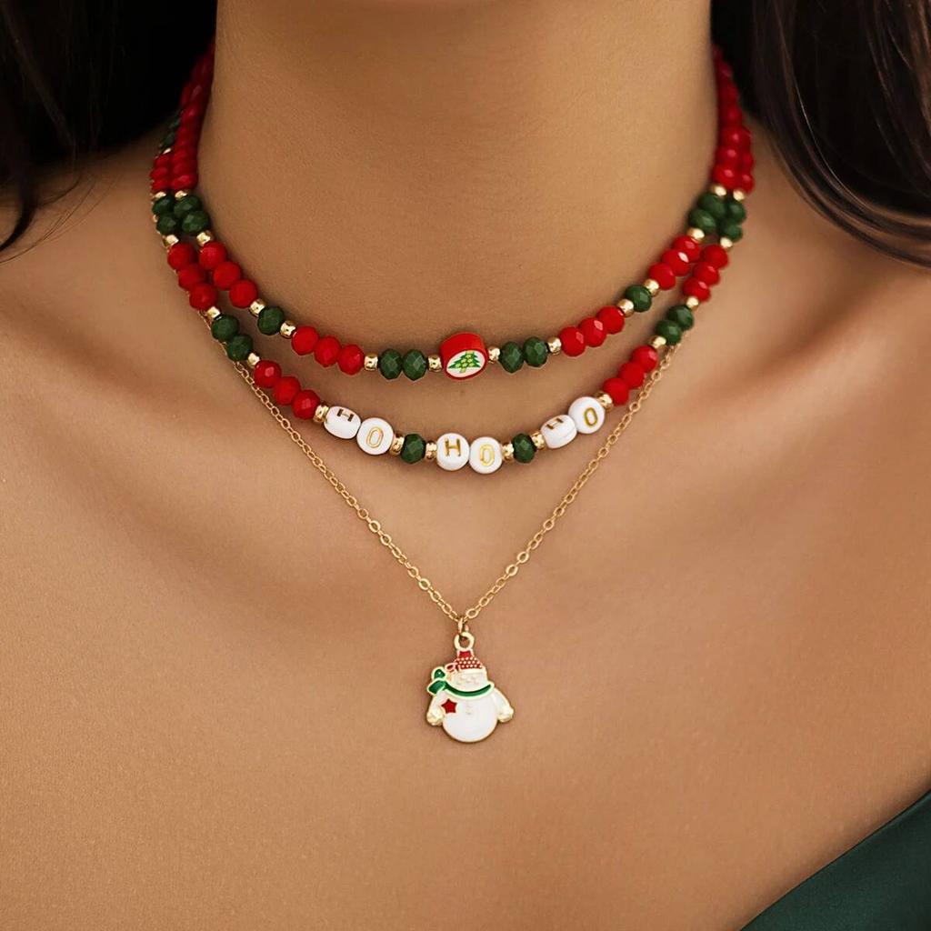 SHIXIN Retro Red Green Crystal Bead Chain Choker Necklace for Women Cute Christmas Tree Snowman Pendant Necklace Jewelry Gifts