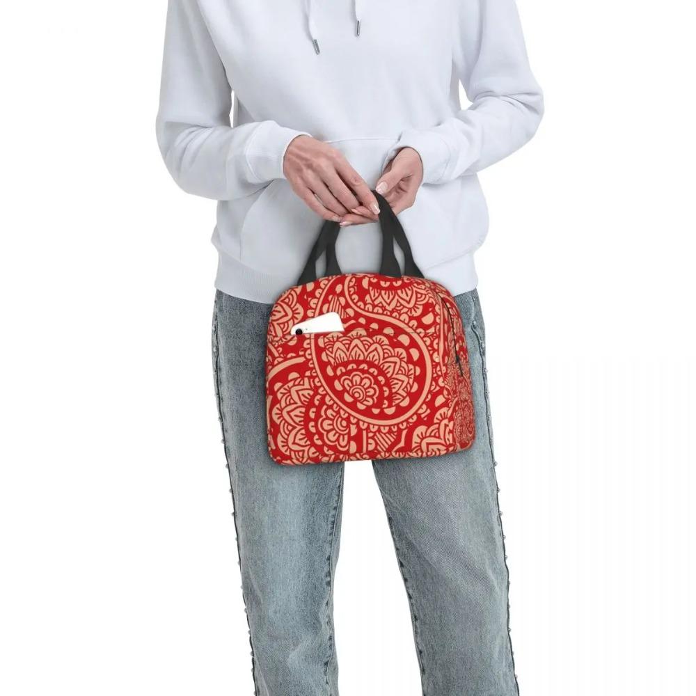 Red Paisley Floral Mandala Insulated Lunch Bag for Women Children Portable Food Boxes Thermal Lunch Box Tote