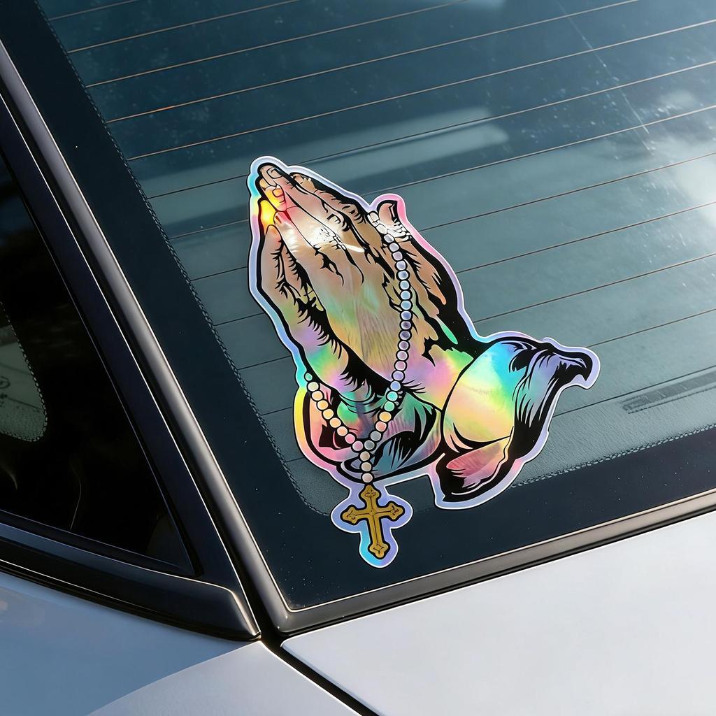 1pc Praying Hands Stickers Window Cling Sticky Decoration Religious Praying Hand Pattern Car Window Decals for Truck Motorcycle