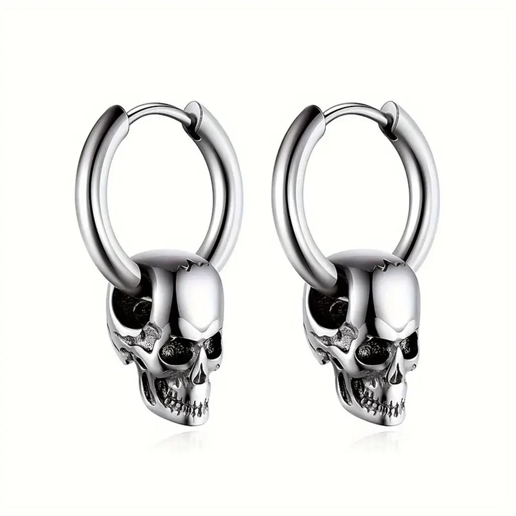 2pcs 316L Stainless Steel Trendy Vintage Skull Earrings For Men, Punk Gothic Hoop Earrings Hyposensitization Piercing Jewelry