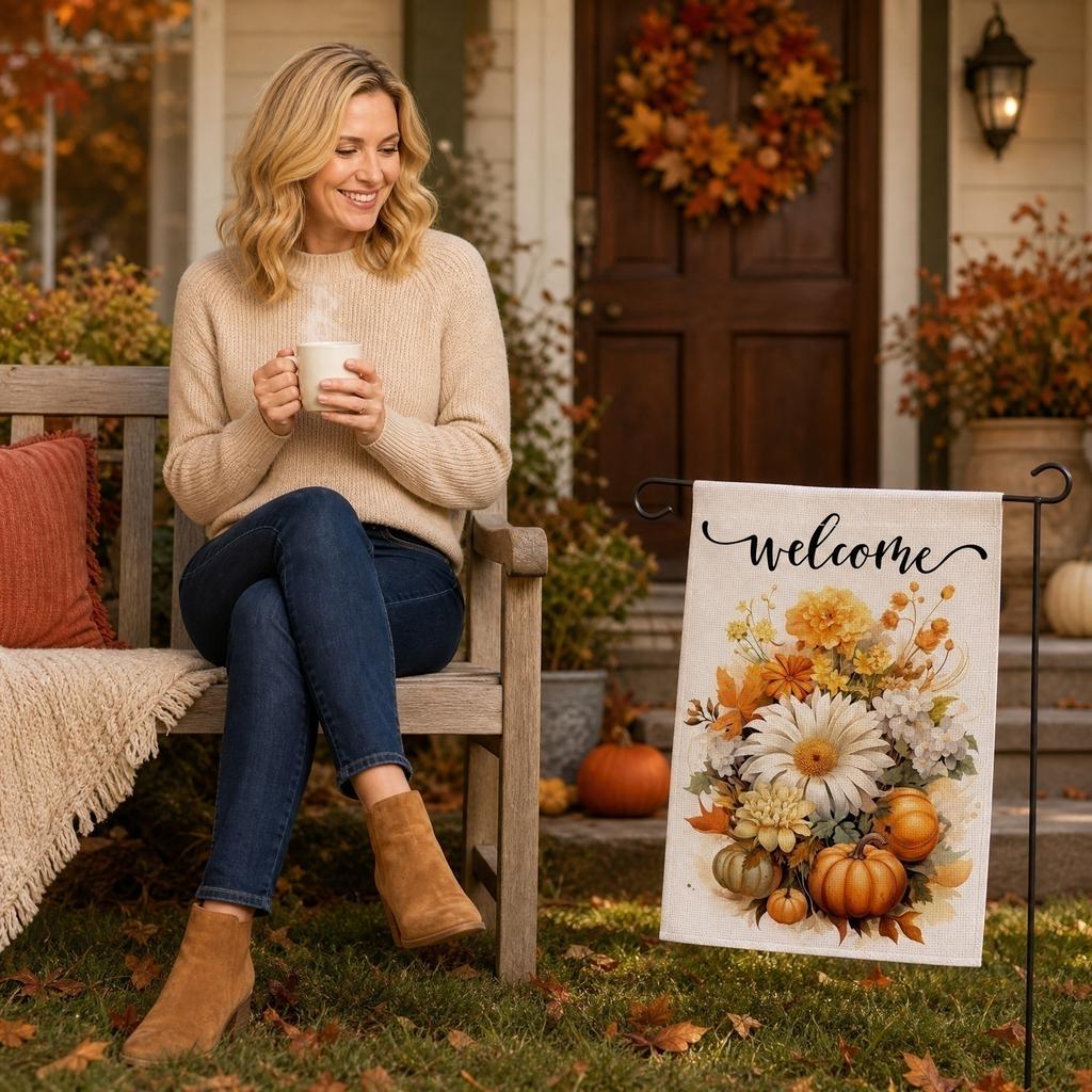Autumn Garden Decorative Flag 45x30cm Fall Harvest Outdoor Yard Banner with Pumpkin and Leaf Wreath Design for Thanksgiving Seasonal Display