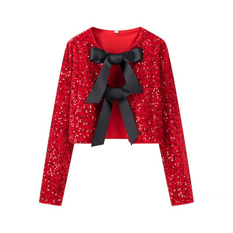 Kaslead New Women Clothes Western Style Fashion Simple and Versatile Bow Sequins Top