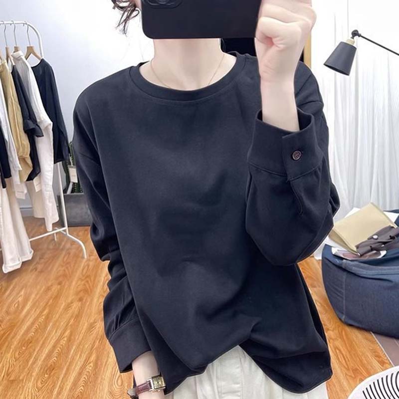 

Женский свитшот Осень Зима Теплый Однотонный Повседневный Базовый Слой Эластичный С Длинным Рукавом Оверсайз Топы XXL чёрный