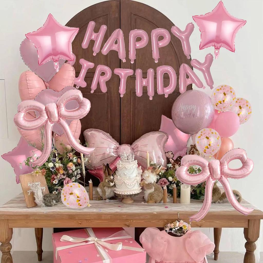 Pink Balloon Set with Bow, Birthday Letters, Colorful Confetti Balloons for Princess Tea Party, Birthday Proposal