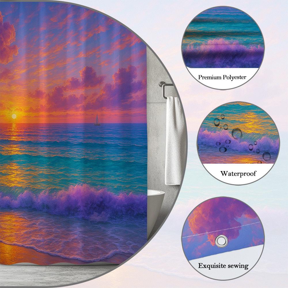 Ocean Sunset Shower Curtain Purple Sky Golden Waves &Sailboat Romantic Beach Scene Bathroom Decor Waterproof Simple Installation