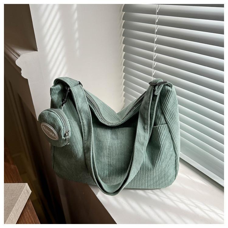 

Fashionable Korean Style Corduroy Large Capacity Tote Bag With Adjustable Shoulder Strap Light Green Bag