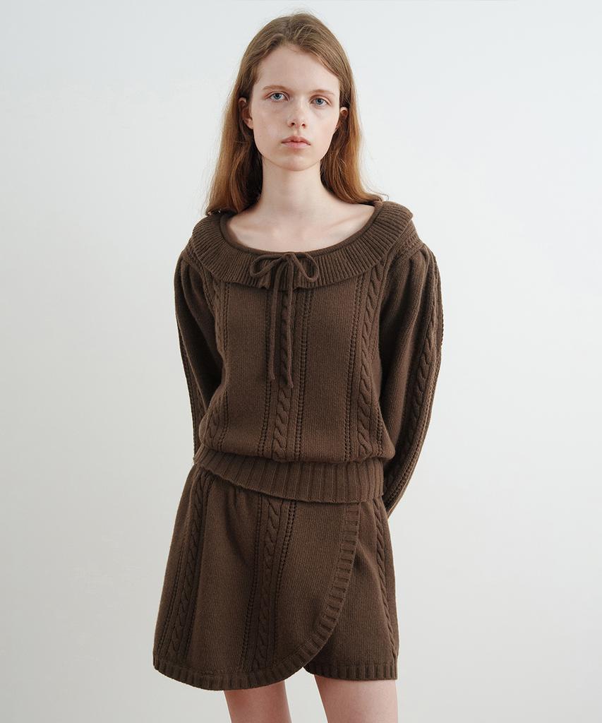 SINOON Ruffle Cable Knit Pullover (Brown)