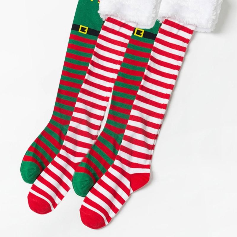 Festival Weihnachtselfen Stiefel Gestreifte Oberschenkelhohe Strümpfe für Damen Feiertags-Cosplay-Kostüm Über das Knie Lange Socken