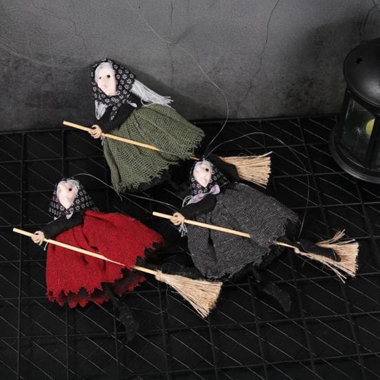 Halloween Witch Doll Small Hangable Witch Ornament Decorative Flying Witch Figurine On Broomstick for Indoor Outdoor Tree Home Kitchen Decor