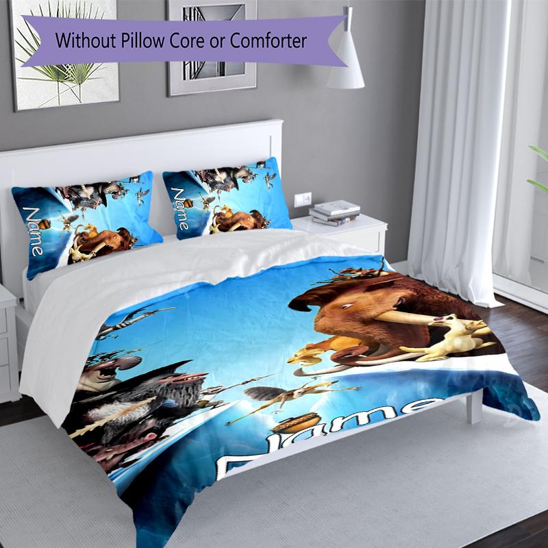 3pcs Custom Name Ice Age Dawn of the Dinosaurs Set,Includes 1 Duvet Cover and 2 Pillowcases,All-season Bedroom Decor