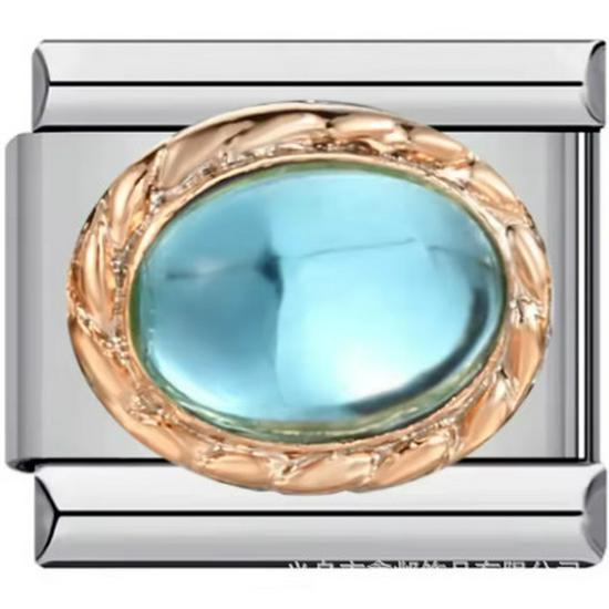 Gold-Edged Stainless Steel Bracelet with Oval Champagne Blue Gemstones