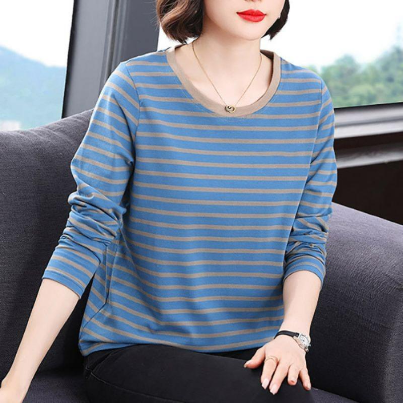 Women S Plus Size Long Sleeve Striped T Shirt Korean Style Base Layer