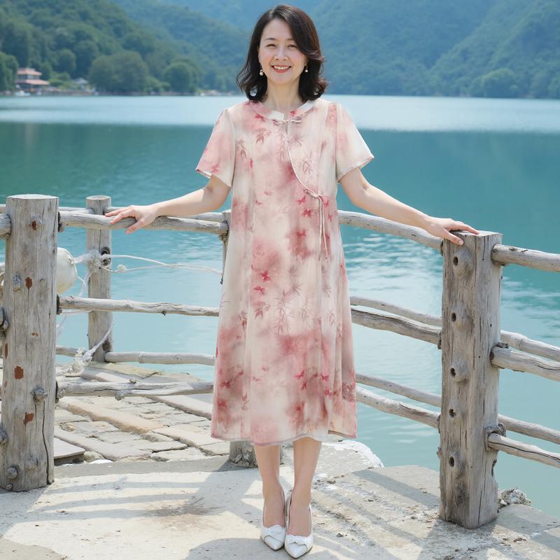Yuzhaolin Women s Cheongsam Style Ink Print Summer Dress L (80-95 catties)