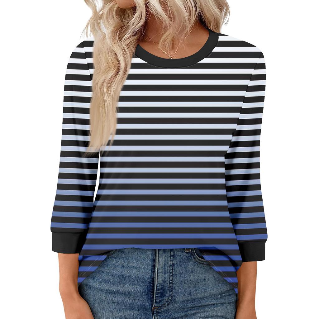 Women's Fashion Casual Seven Sleeve T-Shirt Print Round Neck Top