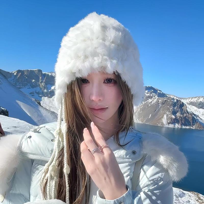 

24 autumn and winter new white handmade hat rabbit hair fringed snow hat cold protection ear protection warm soft waxy one size fits all білий